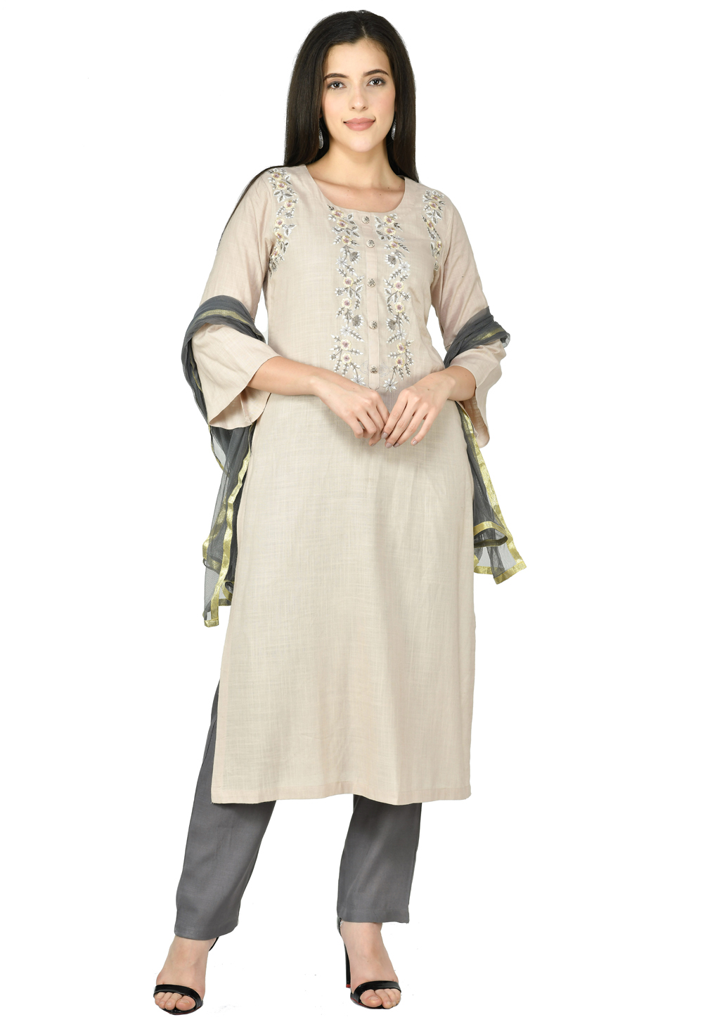 Beige Cotton Rayon Readymade Pant Style Suit 305470