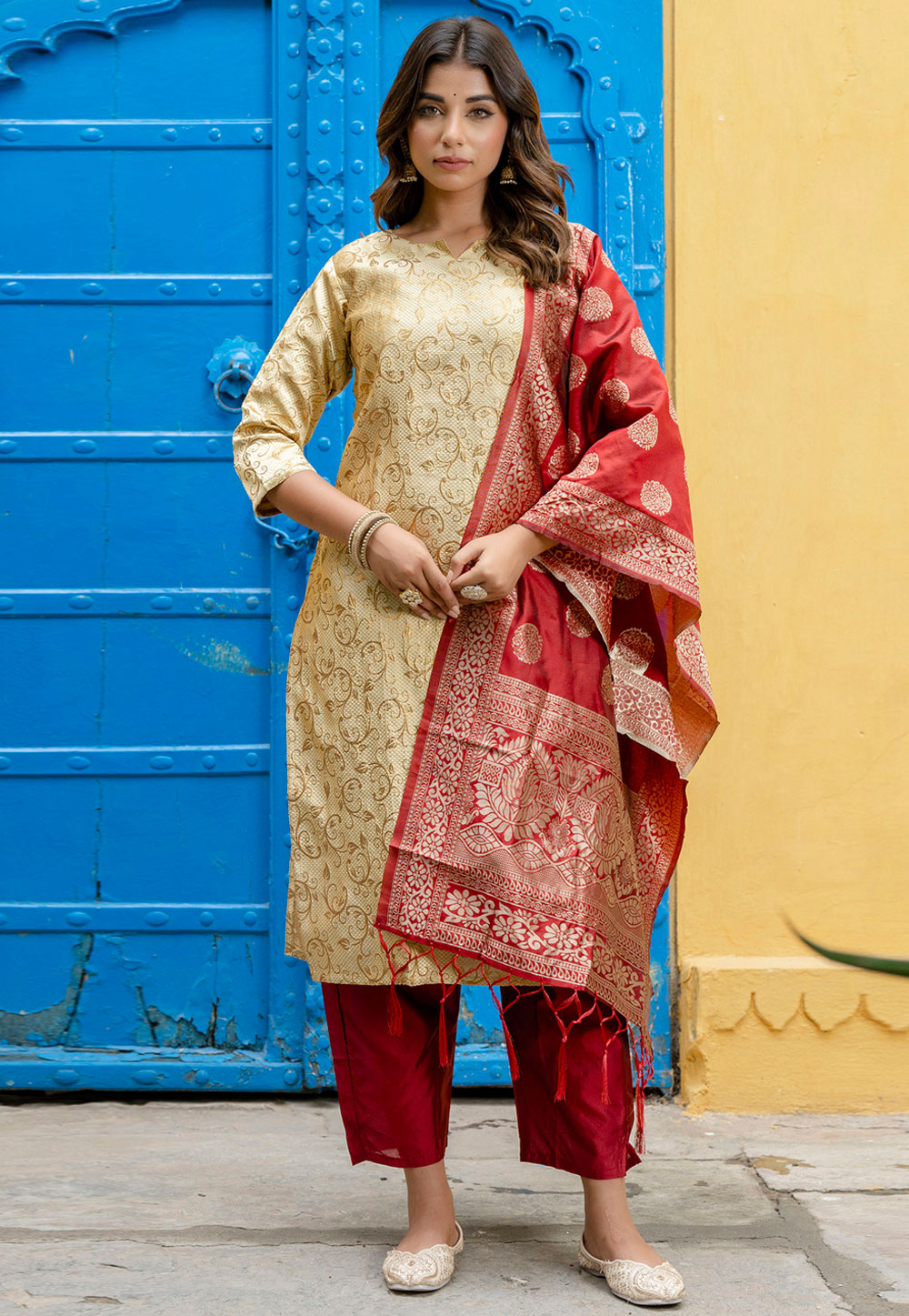 Beige Cotton Readymade Pakistani Suit 310467