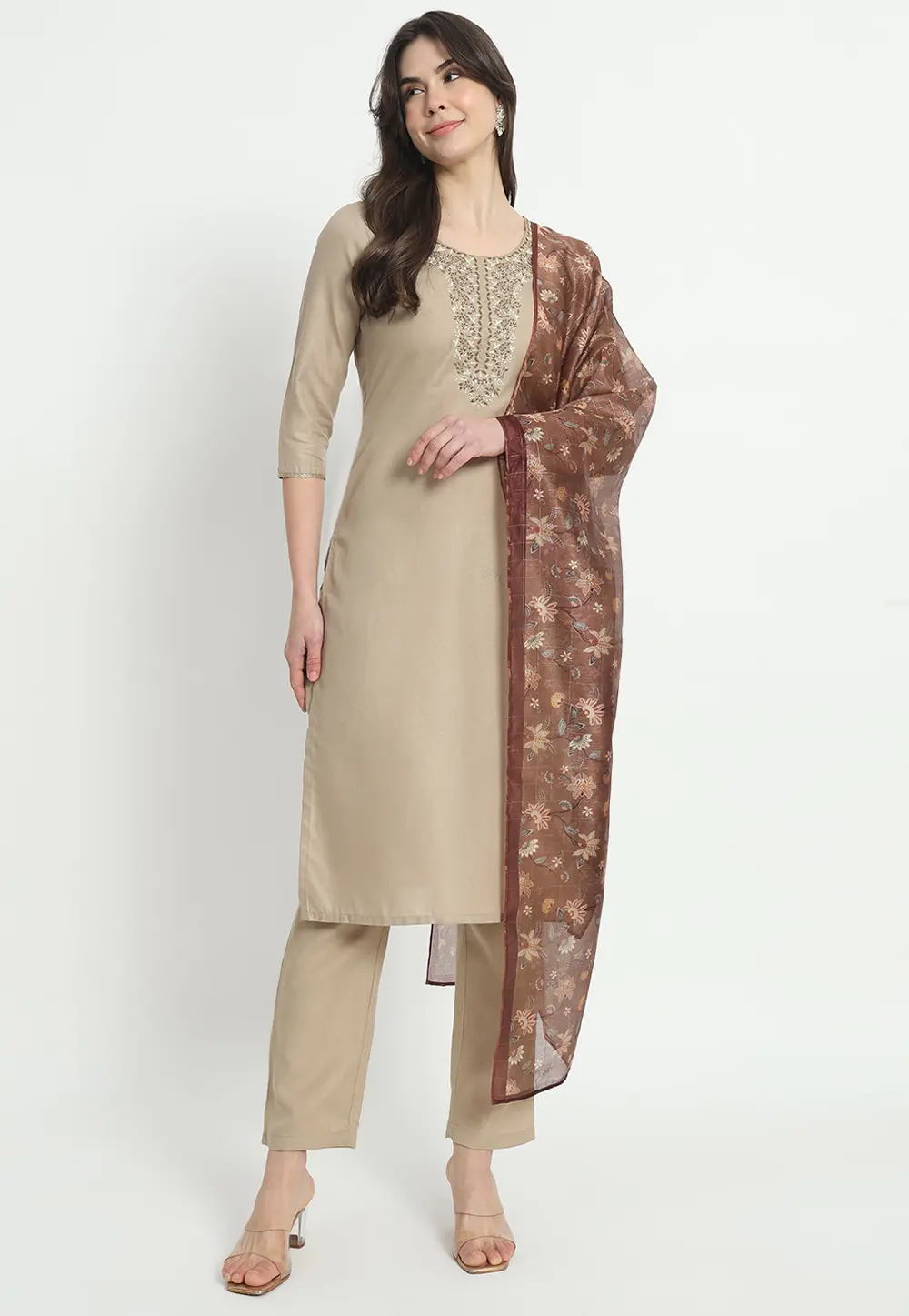 Beige Cotton Readymade Pakistani Suit 300362