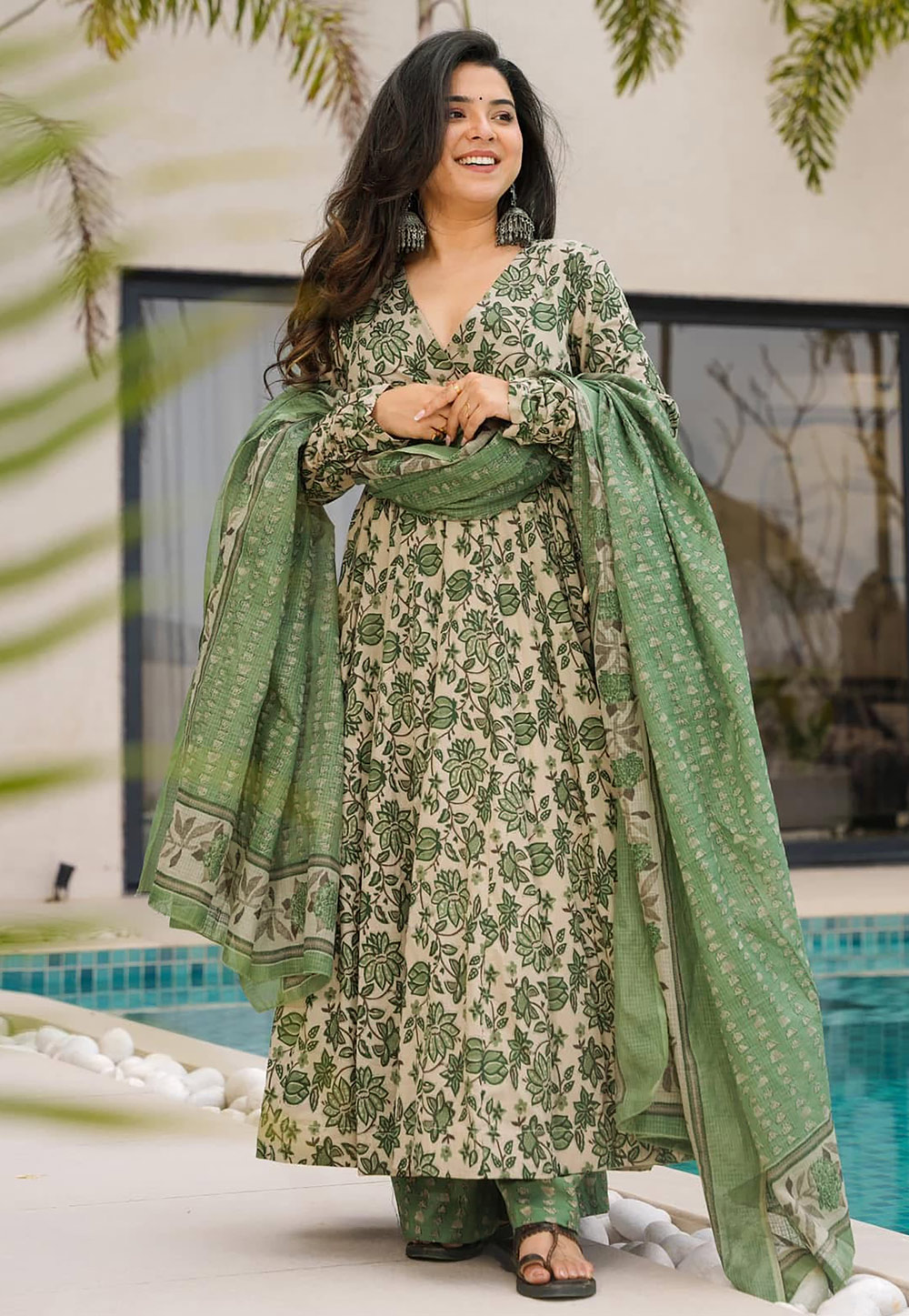 Beige Cotton Readymade Palazzo Suit 309256