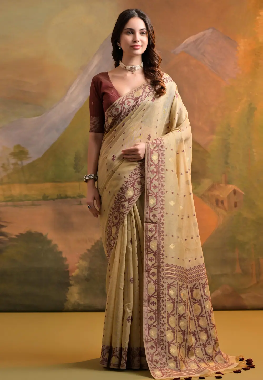 Beige Cotton Saree With Blouse 299252