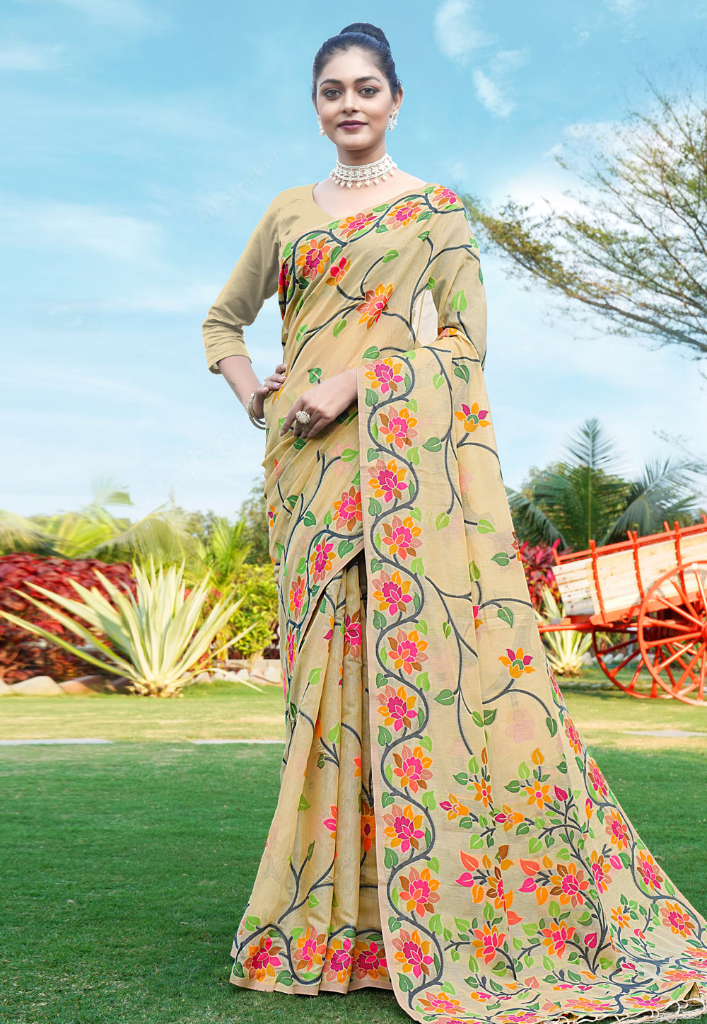 Beige Cotton Saree With Blouse 285643