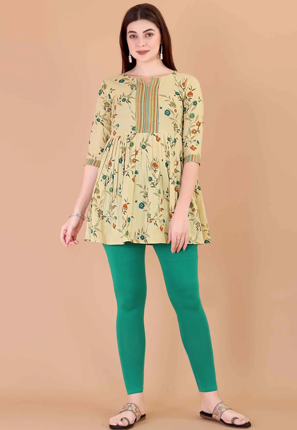 Beige Cotton Short Kurti for Women 302409