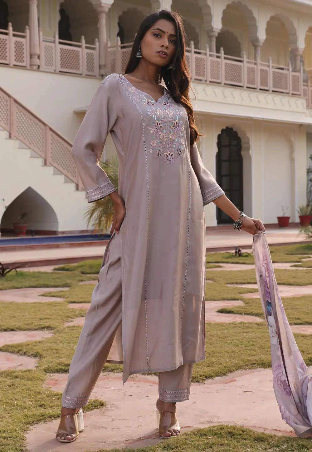 Beige Cotton Silk Readymade Pakistani Suit 304755