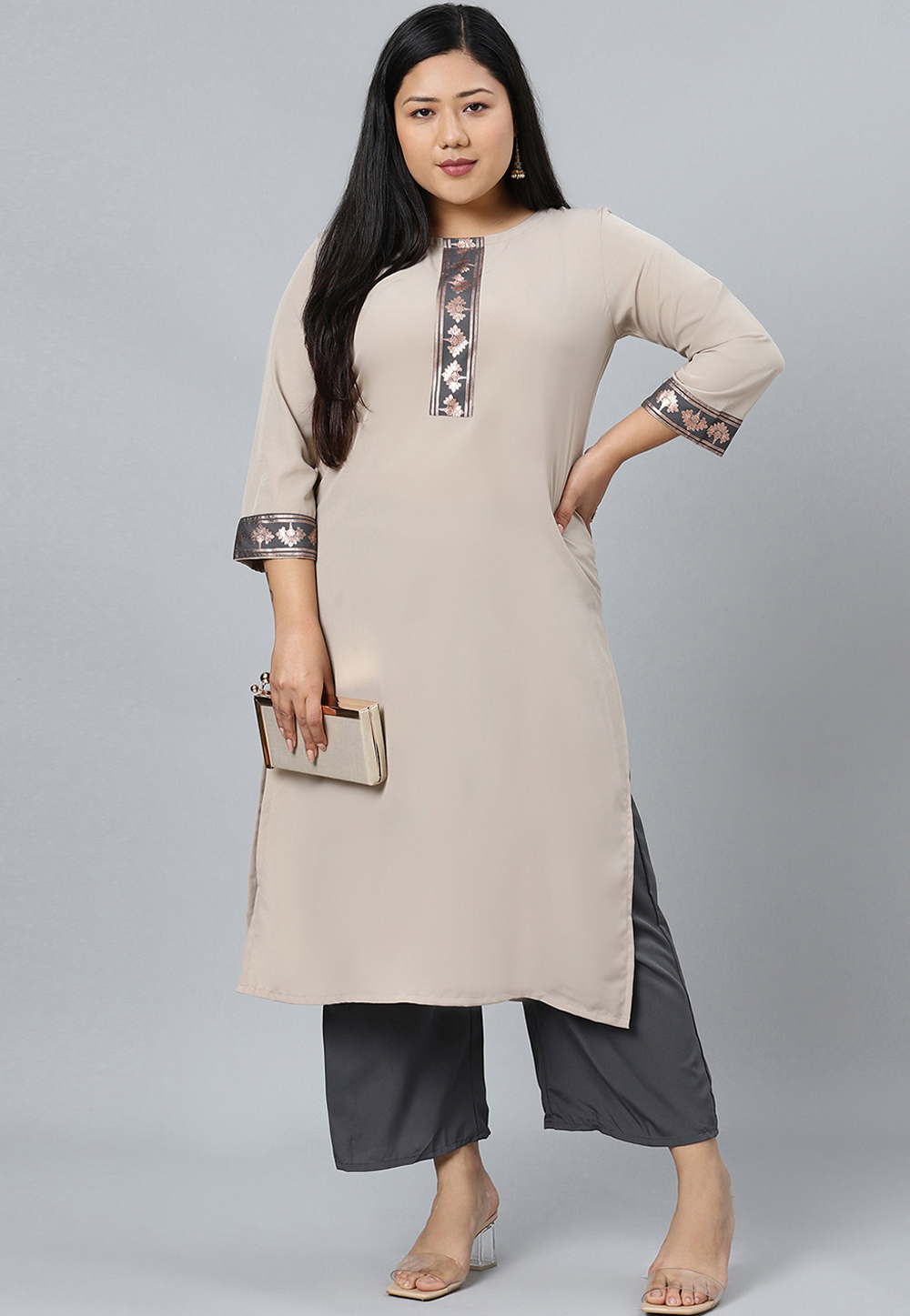 Beige Crepe Kurta Set With Palazzo 305571