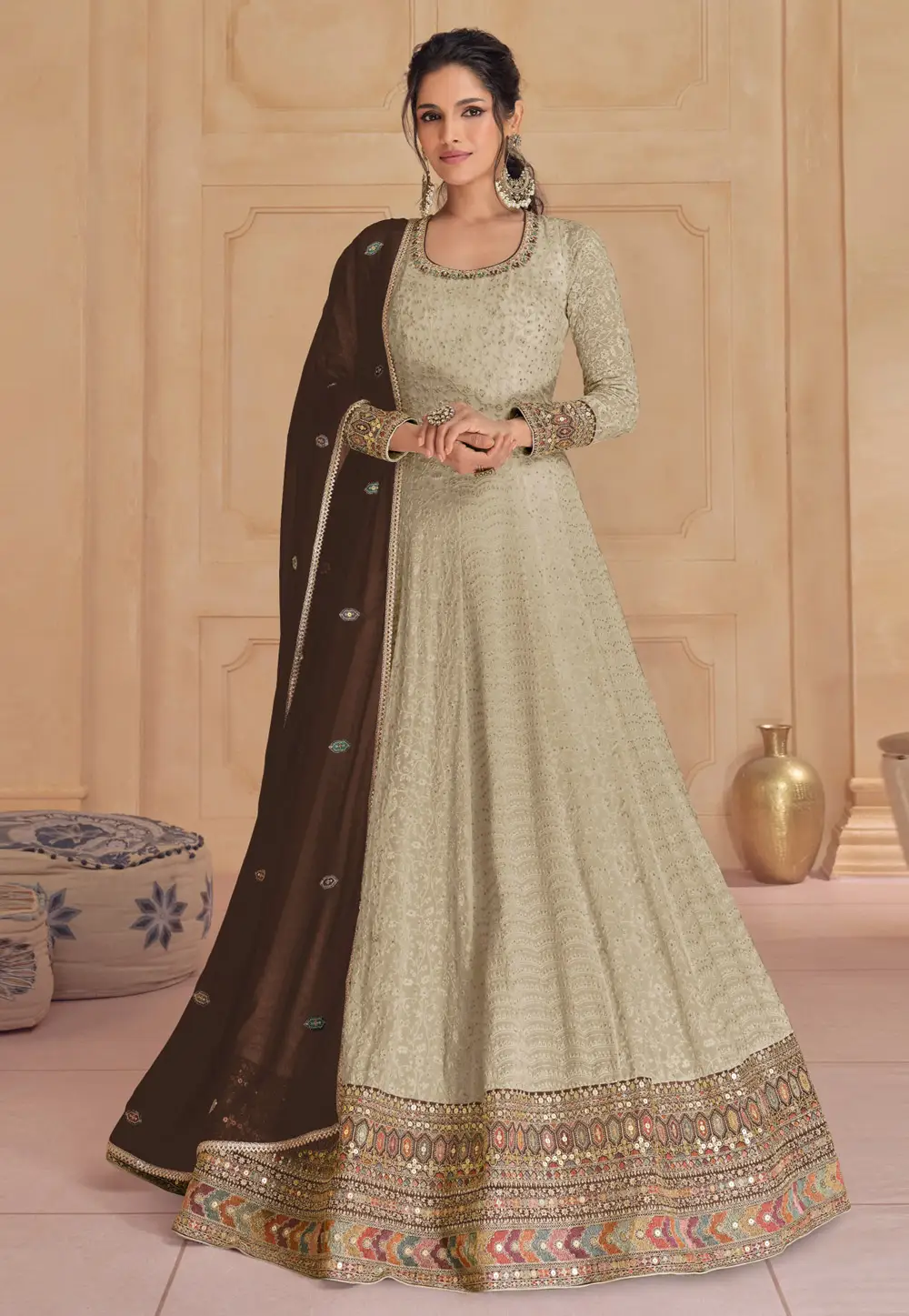 Beige Faux Georgette Embroidered Long Anarkali Suit 296828