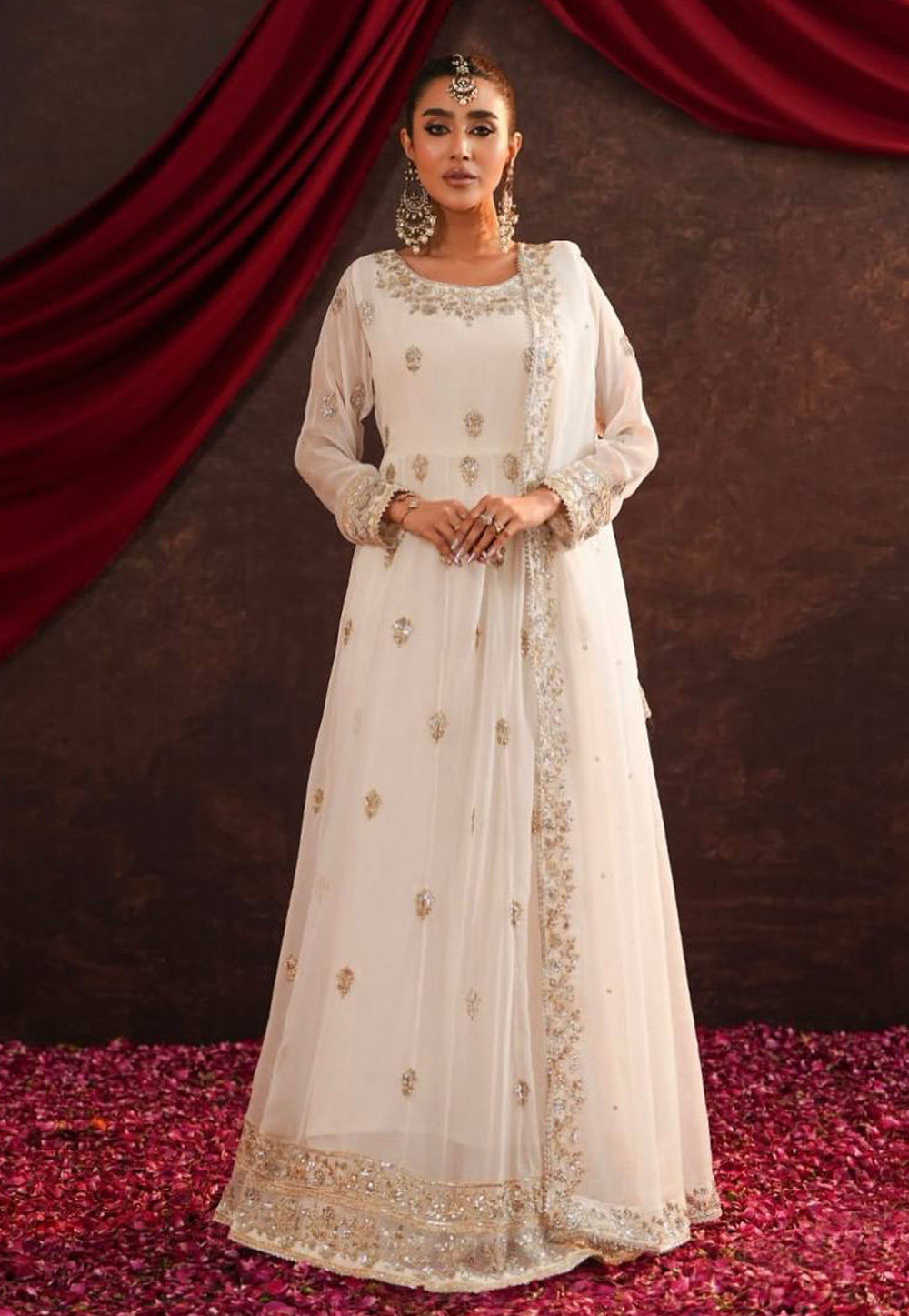 Beige Faux Georgette Readymade Long Anarkali Suit 309942