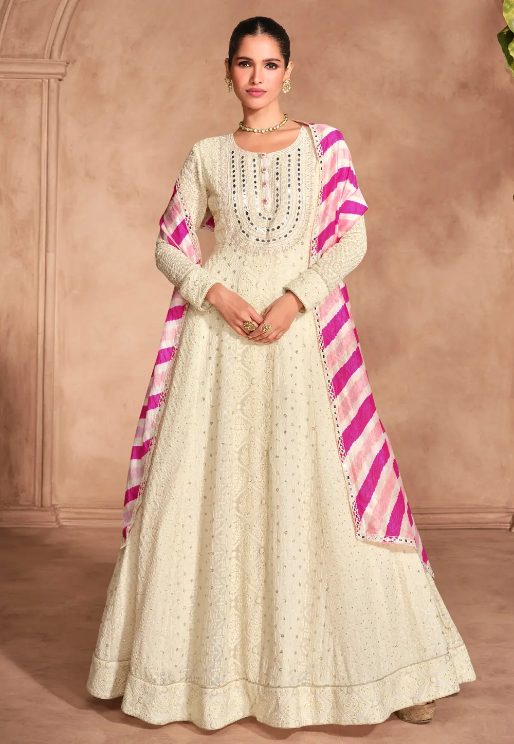 Beige Georgette Embroidered Anarkali Suit 298258