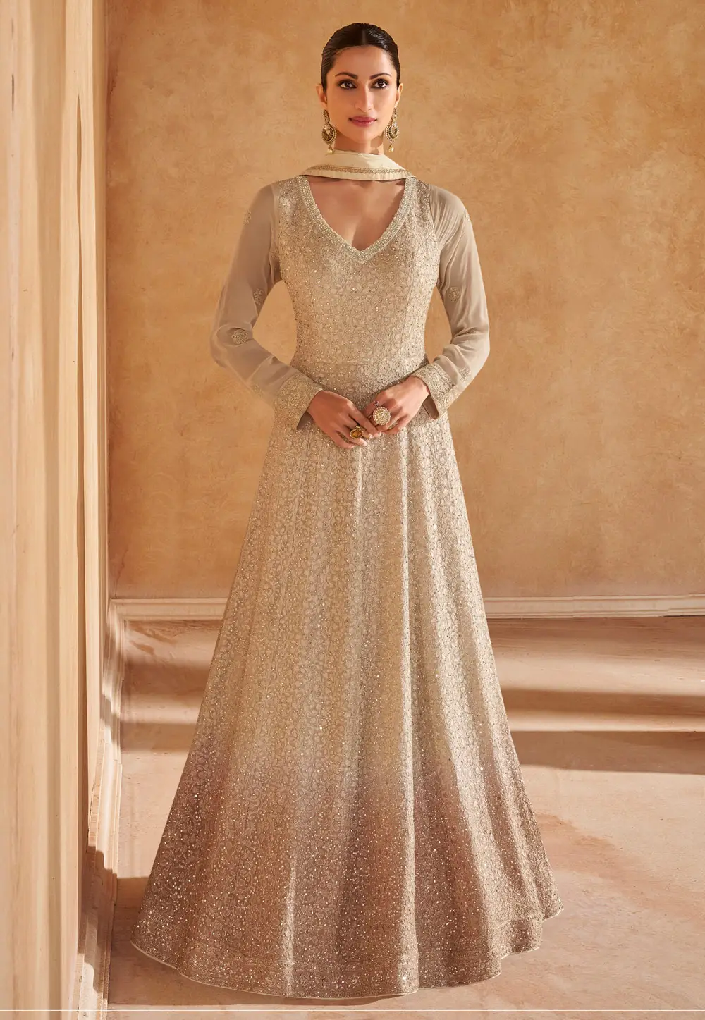 Beige Georgette Embroidered Floor Length Anarkali Suit 295415