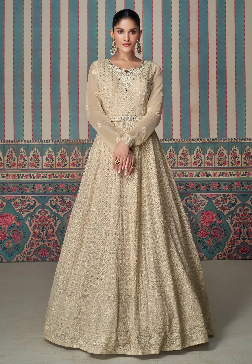 Beige Georgette Embroidered Floor Length Anarkali Suit 295685