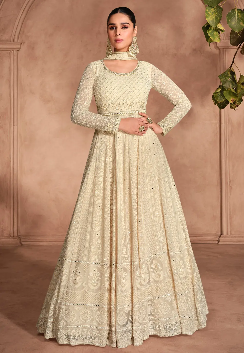 Beige Georgette Embroidered Long Anarkali Suit 298257