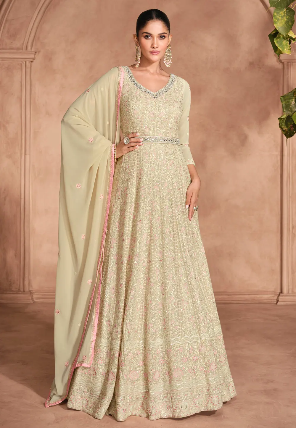 Beige Georgette Embroidered Long Anarkali Suit 298259