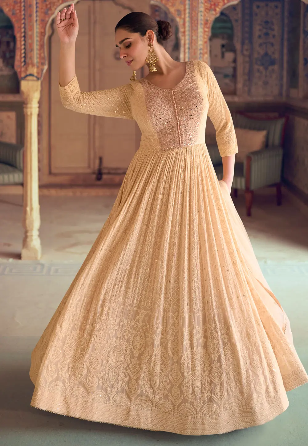 Beige Georgette Embroidered Long Anarkali Suit 303886