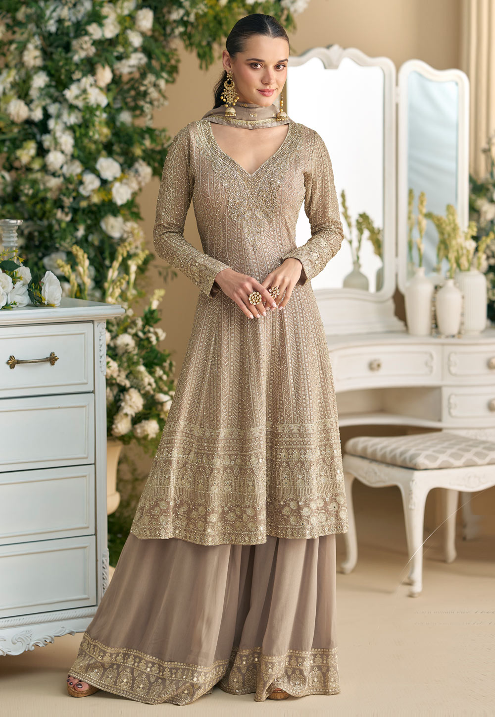 Beige Georgette Embroidered Palazzo Suit 306665