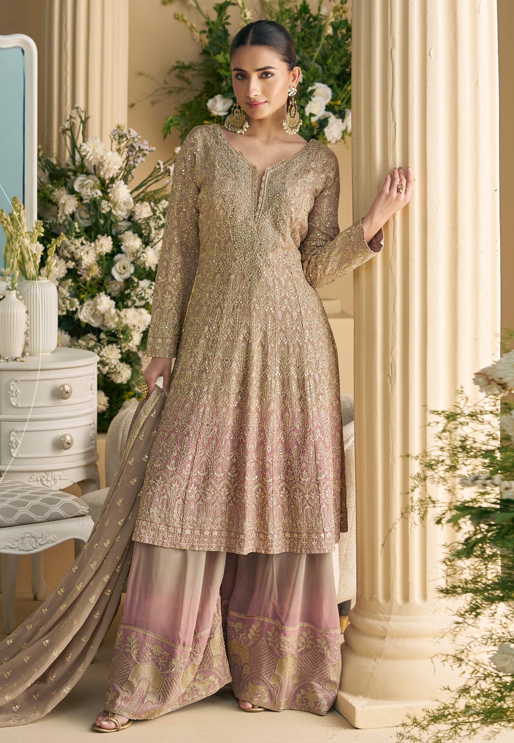 Beige Georgette Embroidered Palazzo Suit 306667
