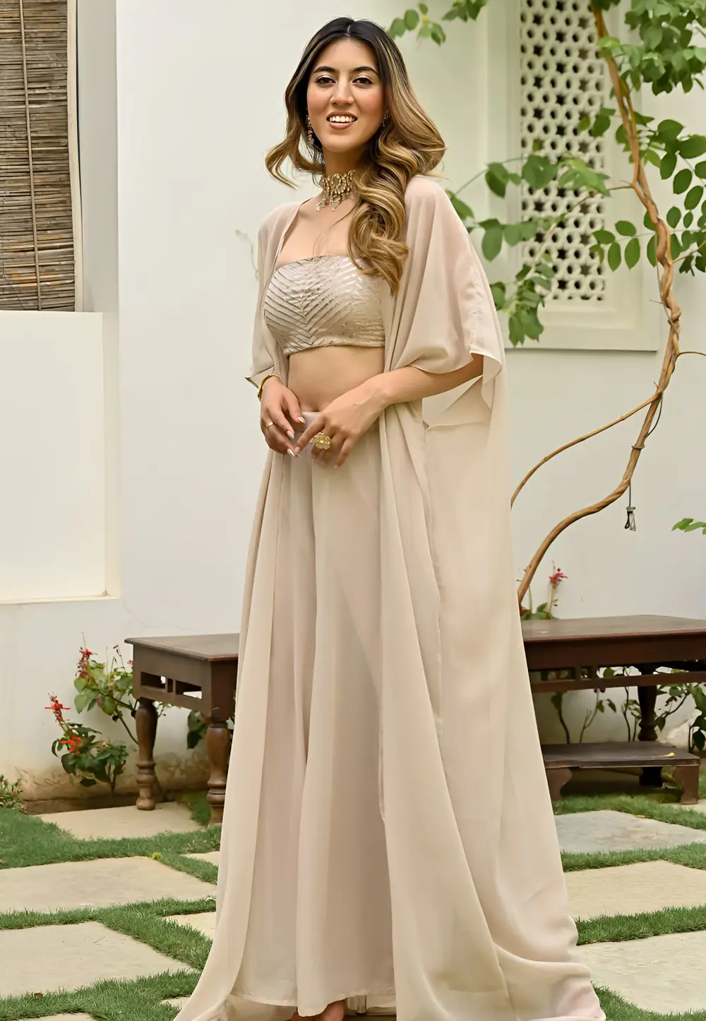 Beige Georgette Jacket Style Suit 295343