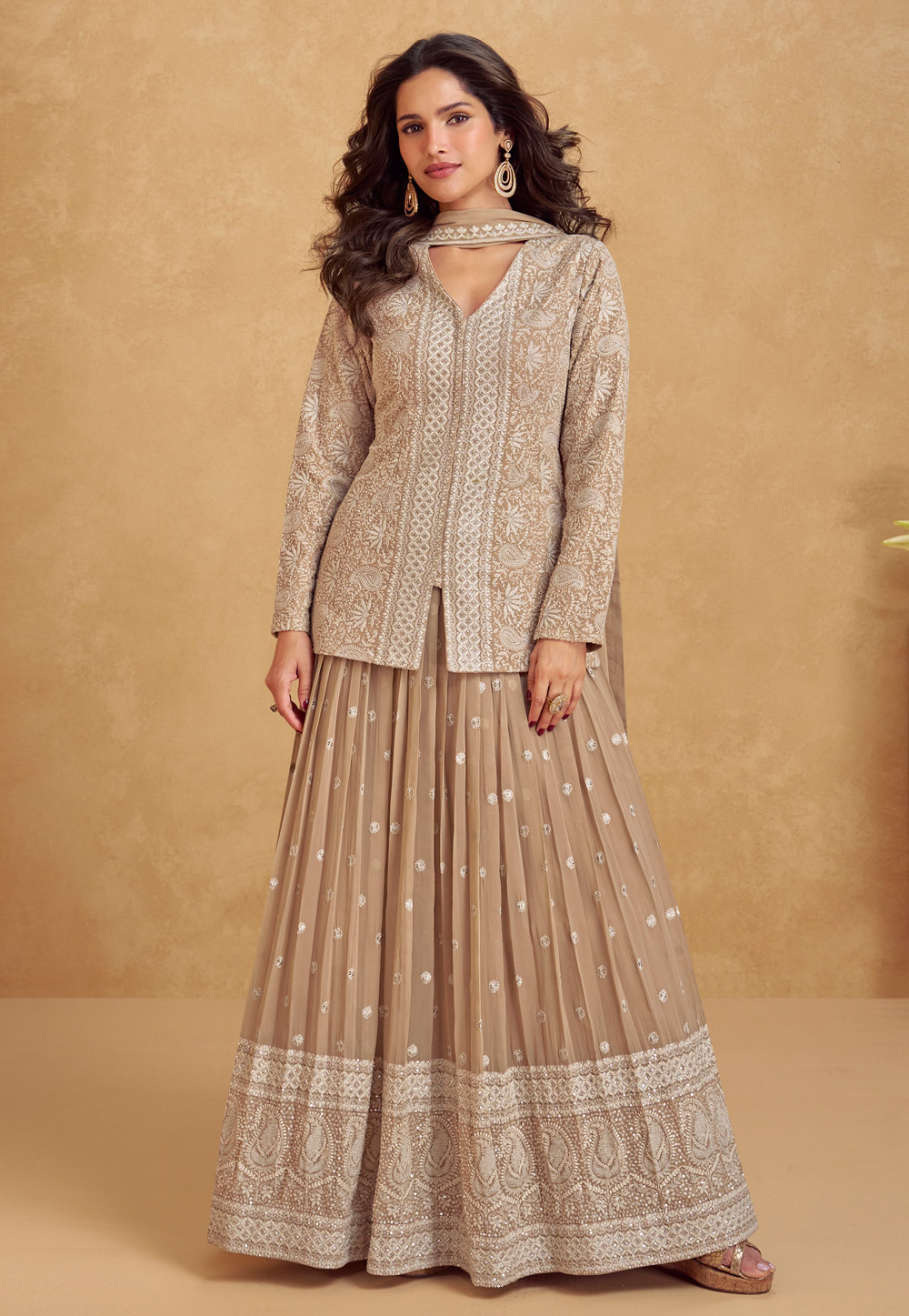 Beige Georgette Long Choli Lehenga 310392