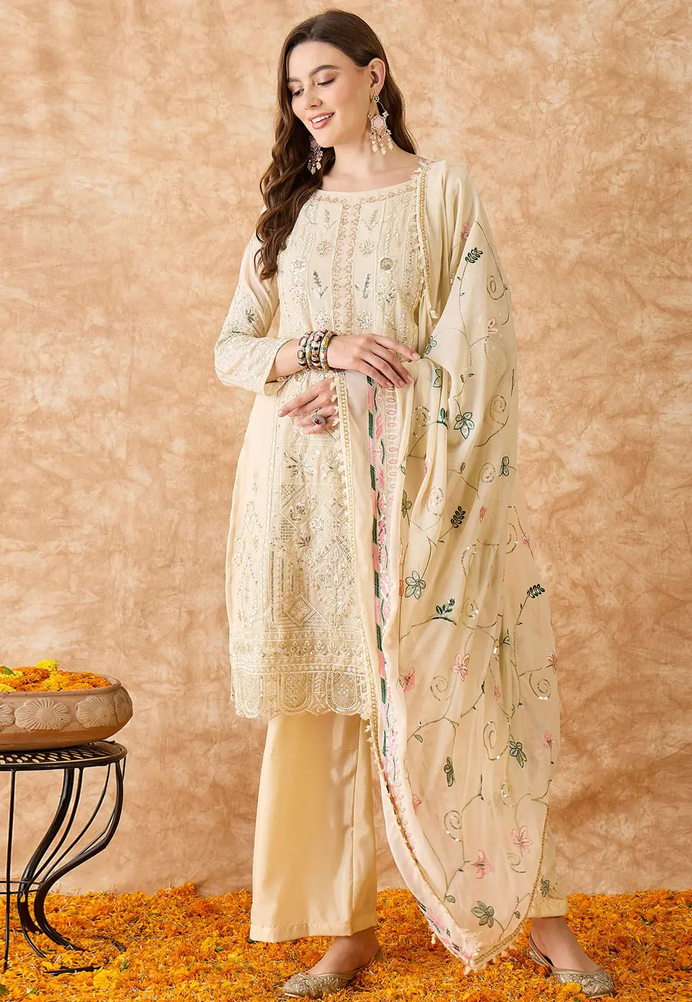 Beige Georgette Palazzo Suit 301610