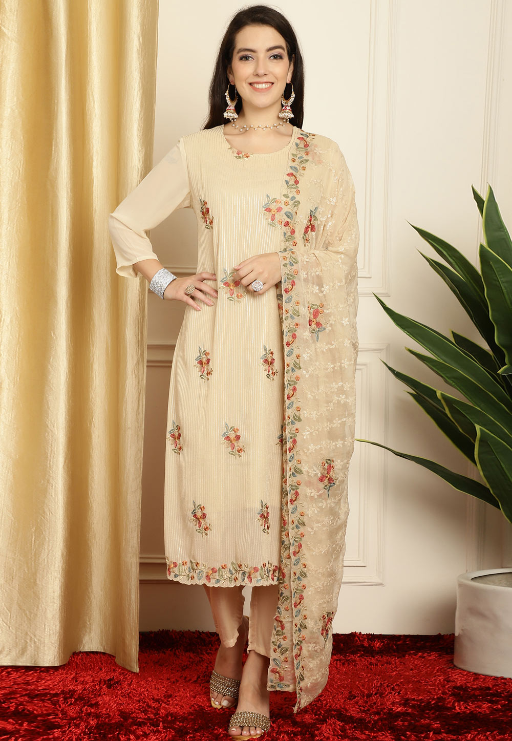 Beige Georgette Pant Style Suit 311091