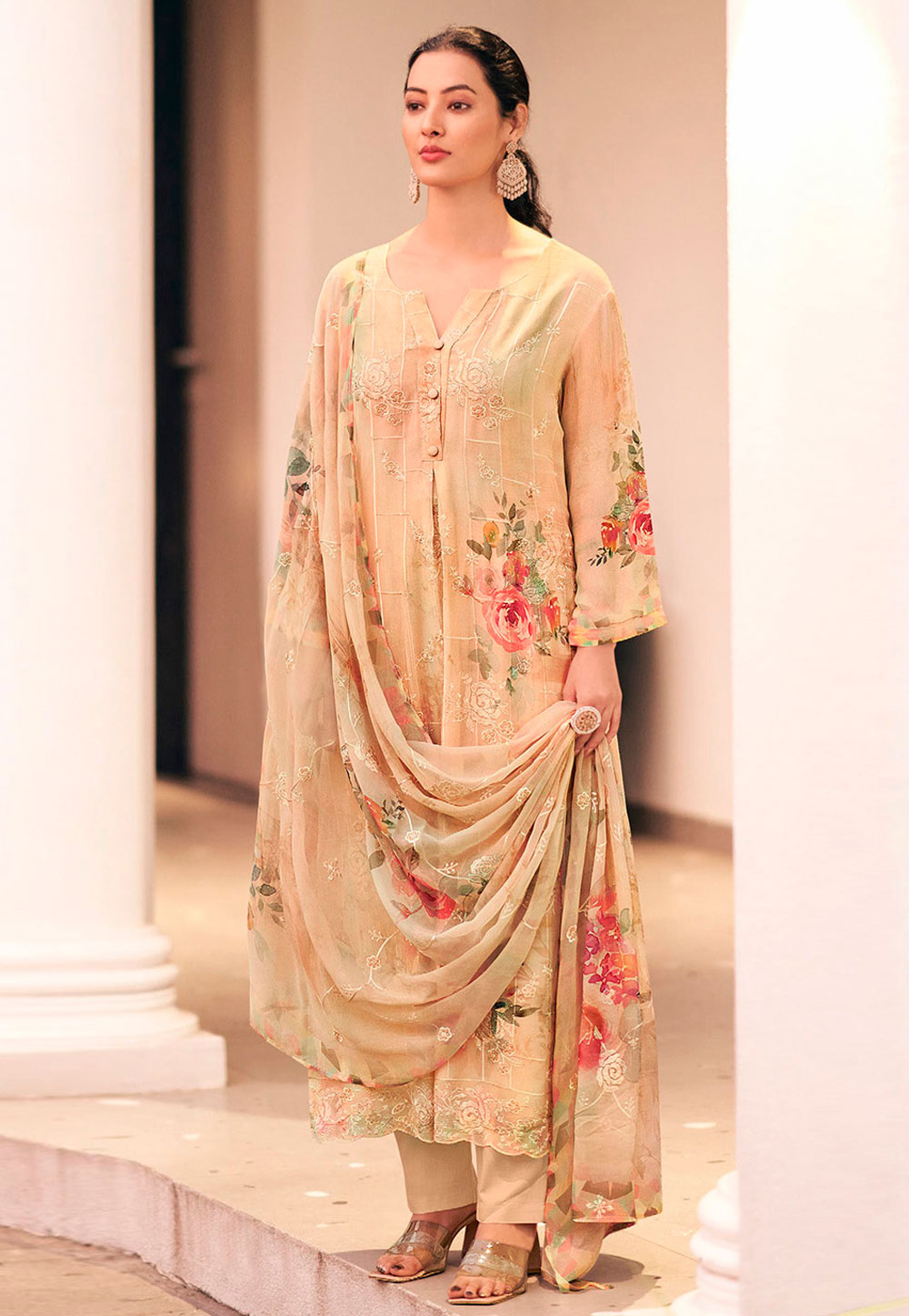 Beige Georgette Pant Style Suit 309546
