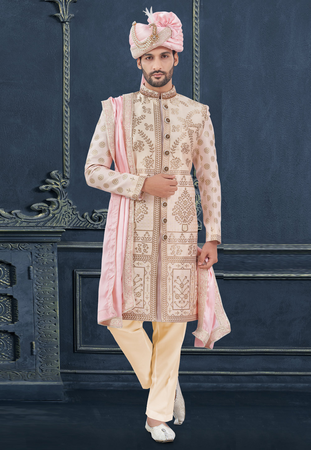 Beige Jacquard Achkan Style Sherwani 305202