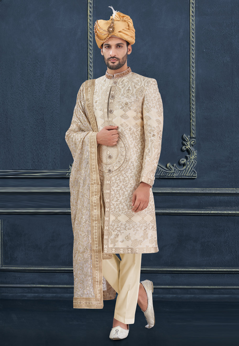 Beige Jacquard Achkan Style Sherwani 305213