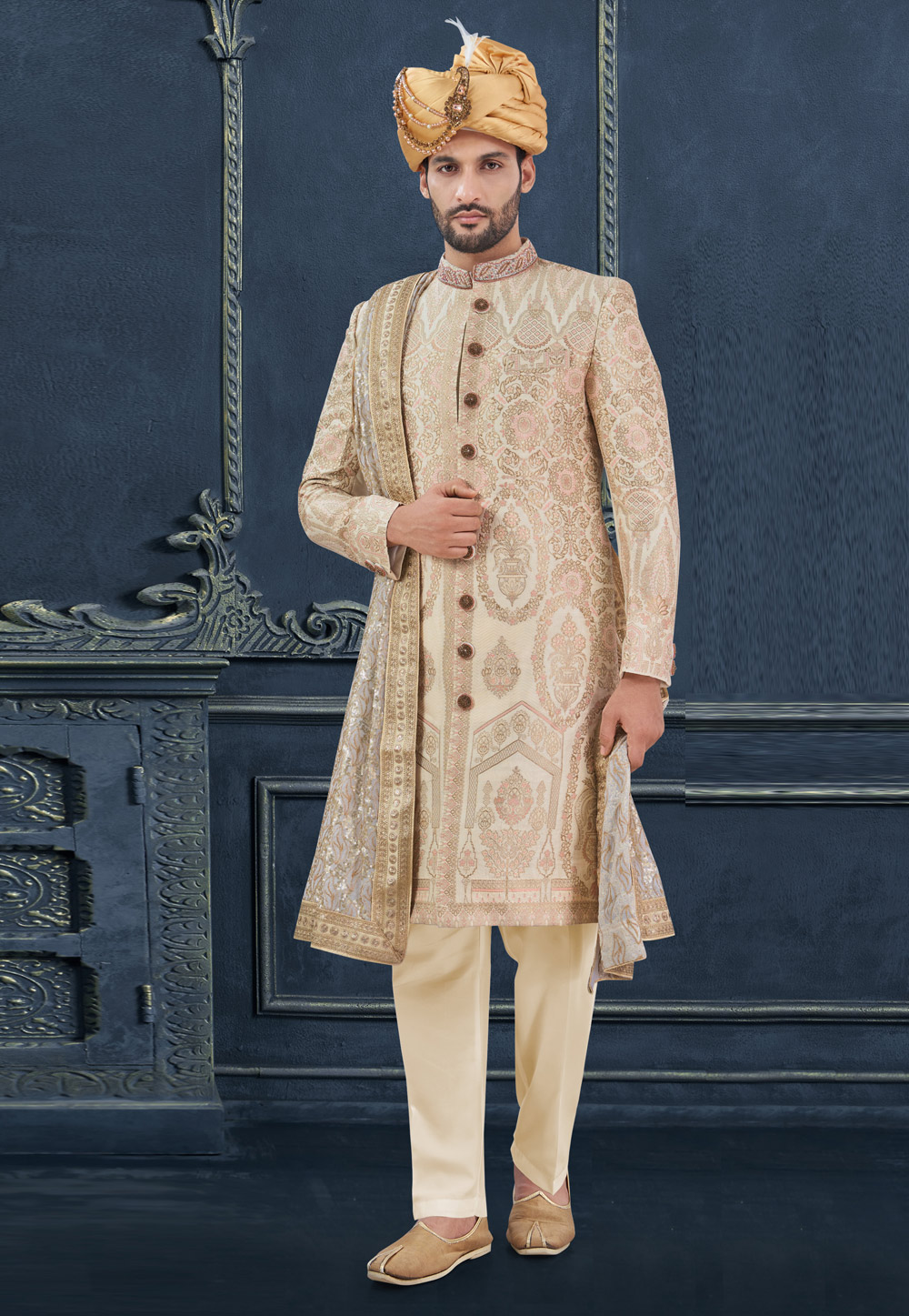 Beige Jacquard Achkan Style Sherwani 305214