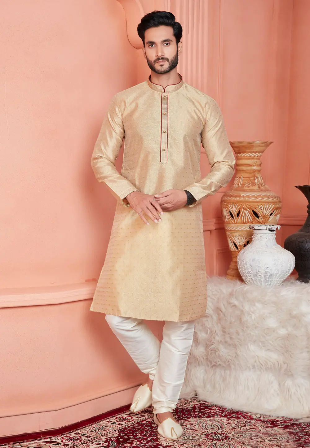 Beige Jacquard Banarasi Kurta Pajama 304308