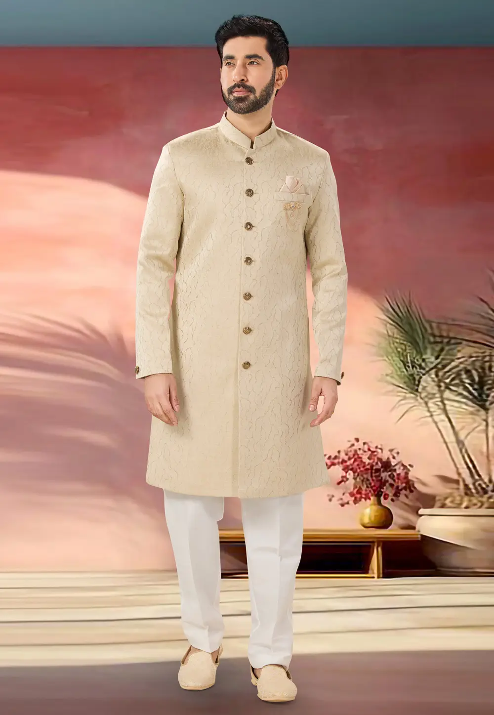 Beige Jacquard Indo Western Sherwani 301879