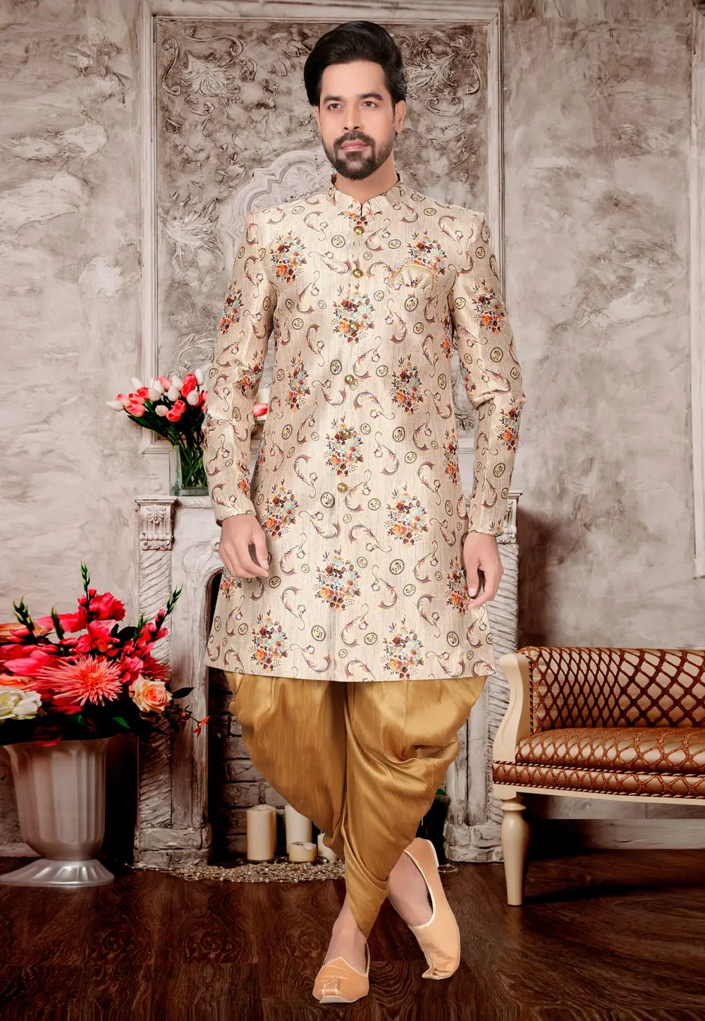 Beige Jacquard Indo Western Suit 302954