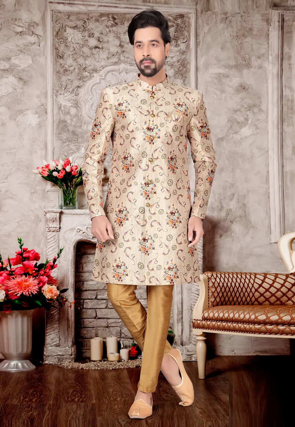 Beige Jacquard Indo Western Suit 302975