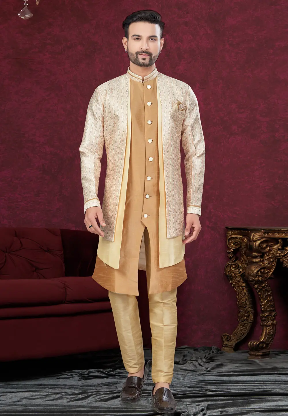 Beige Jacquard Indo Western Suit 295627