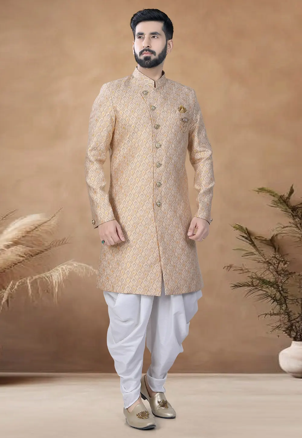 Beige Jacquard Indo Western Suit 298573