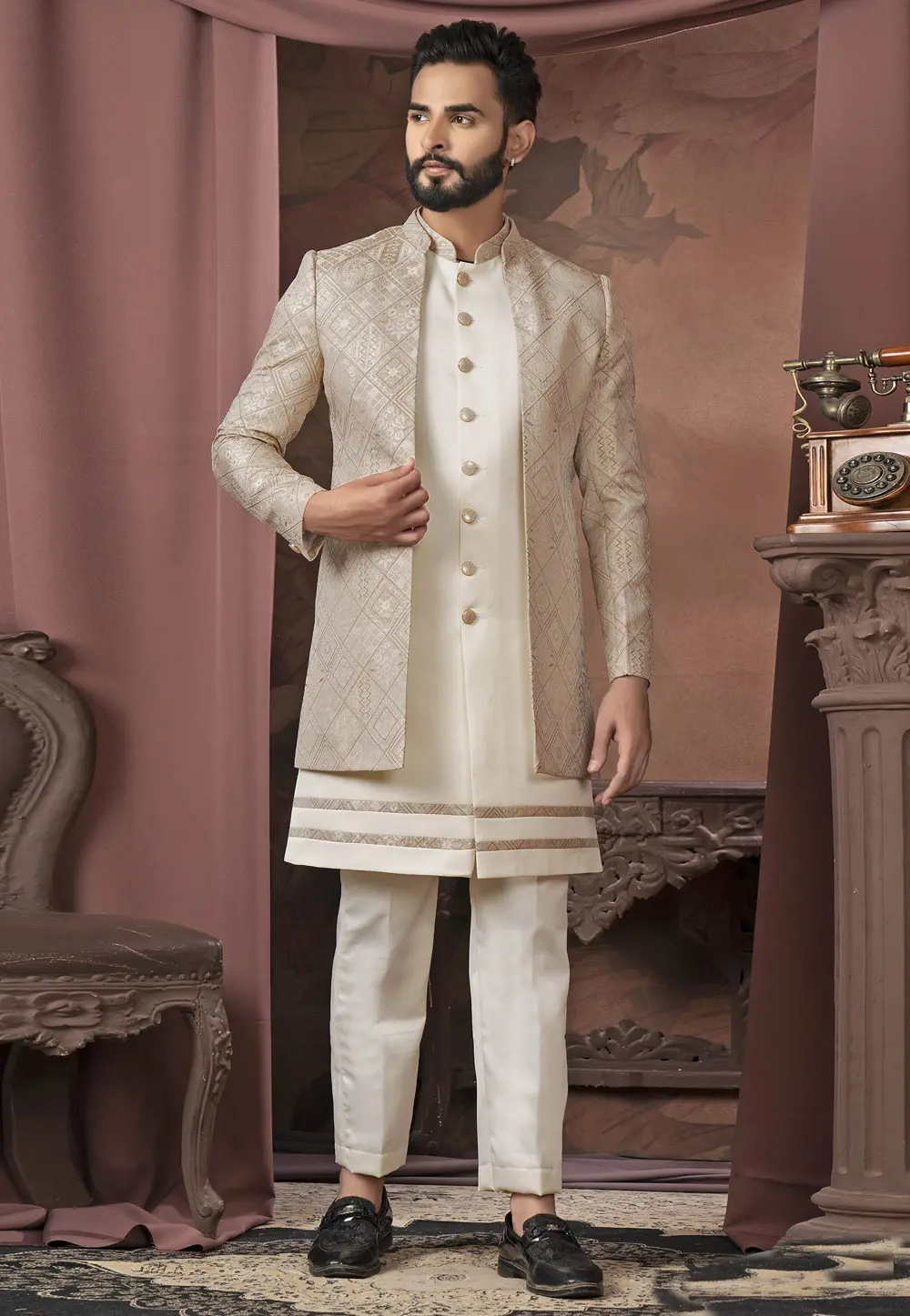 Beige Jacquard Jacket Style Sherwani 302449