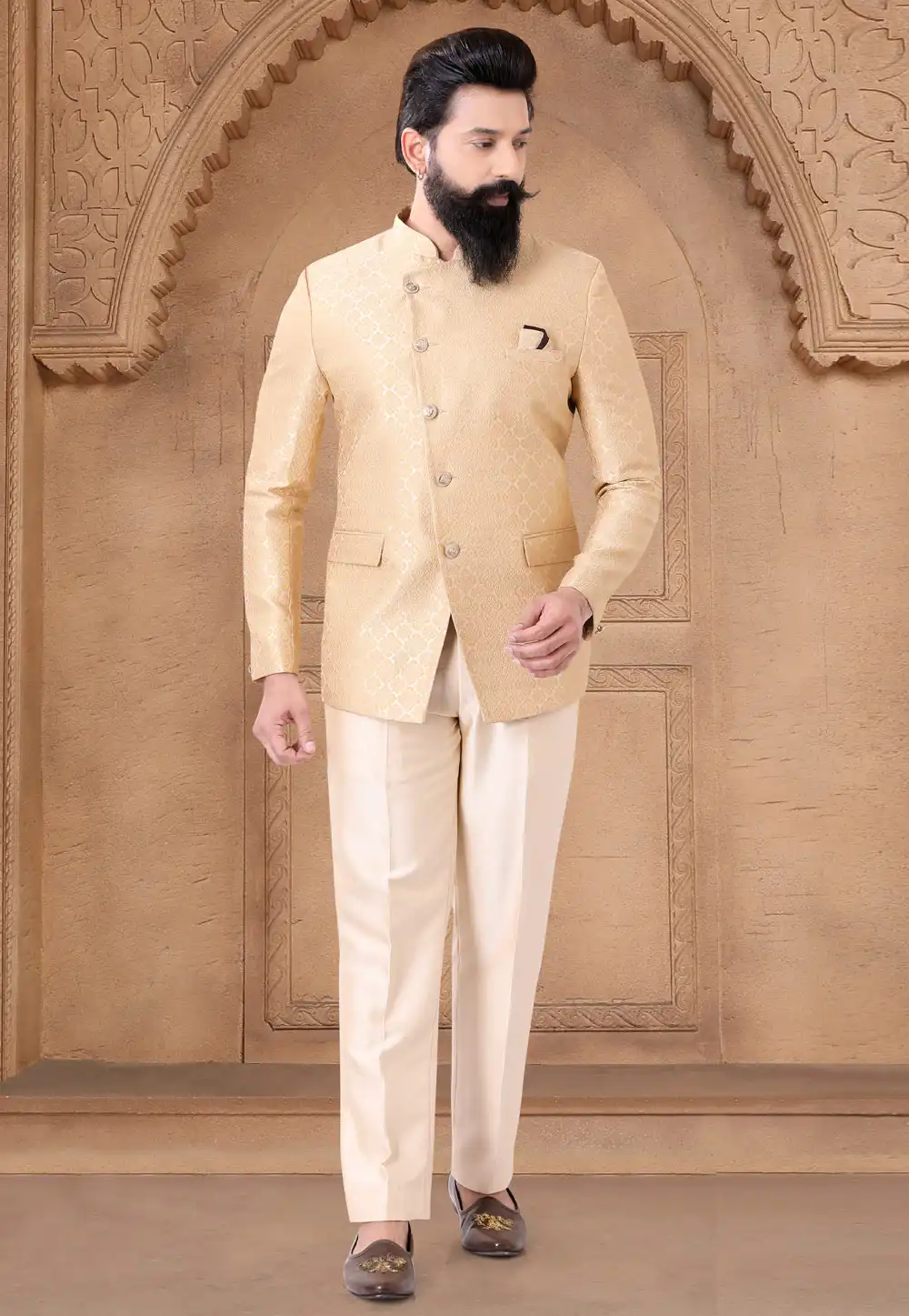 Beige Jacquard Jodhpuri Suit 287921