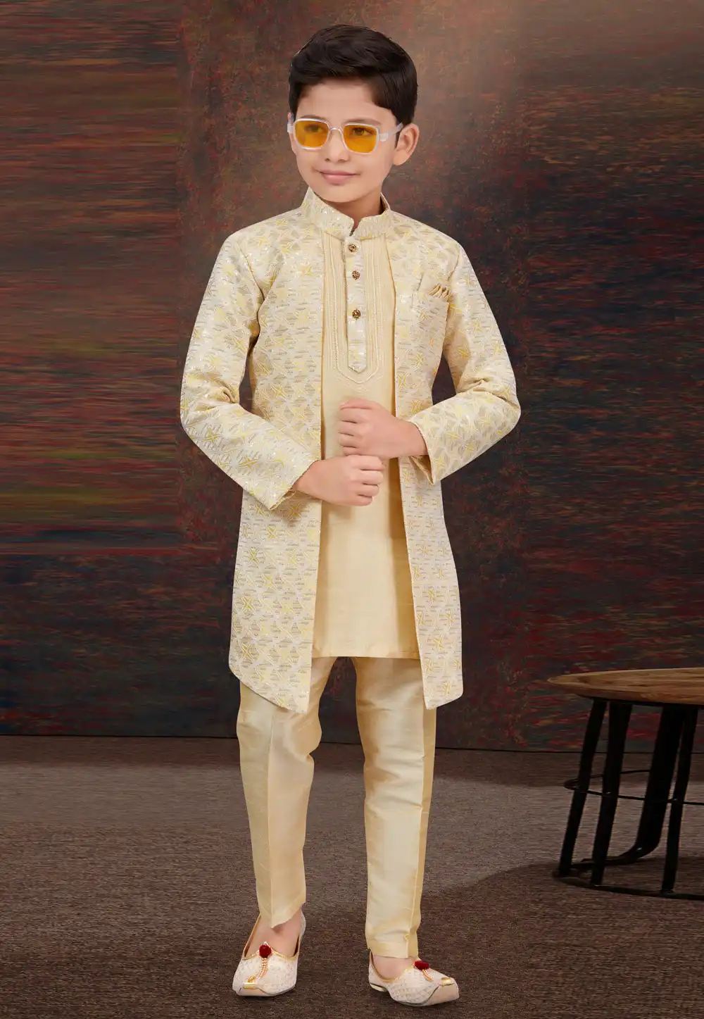 Beige Jacquard Kids Indo Western Suit 294937