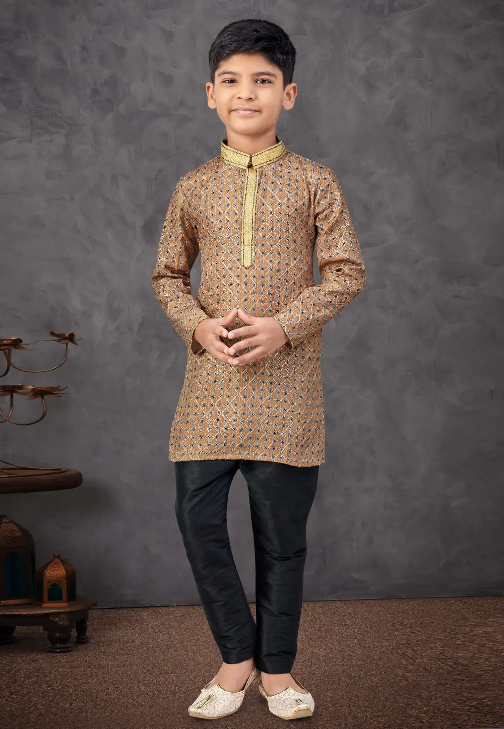 Beige Jacquard Kids Kurta Pajama 301352