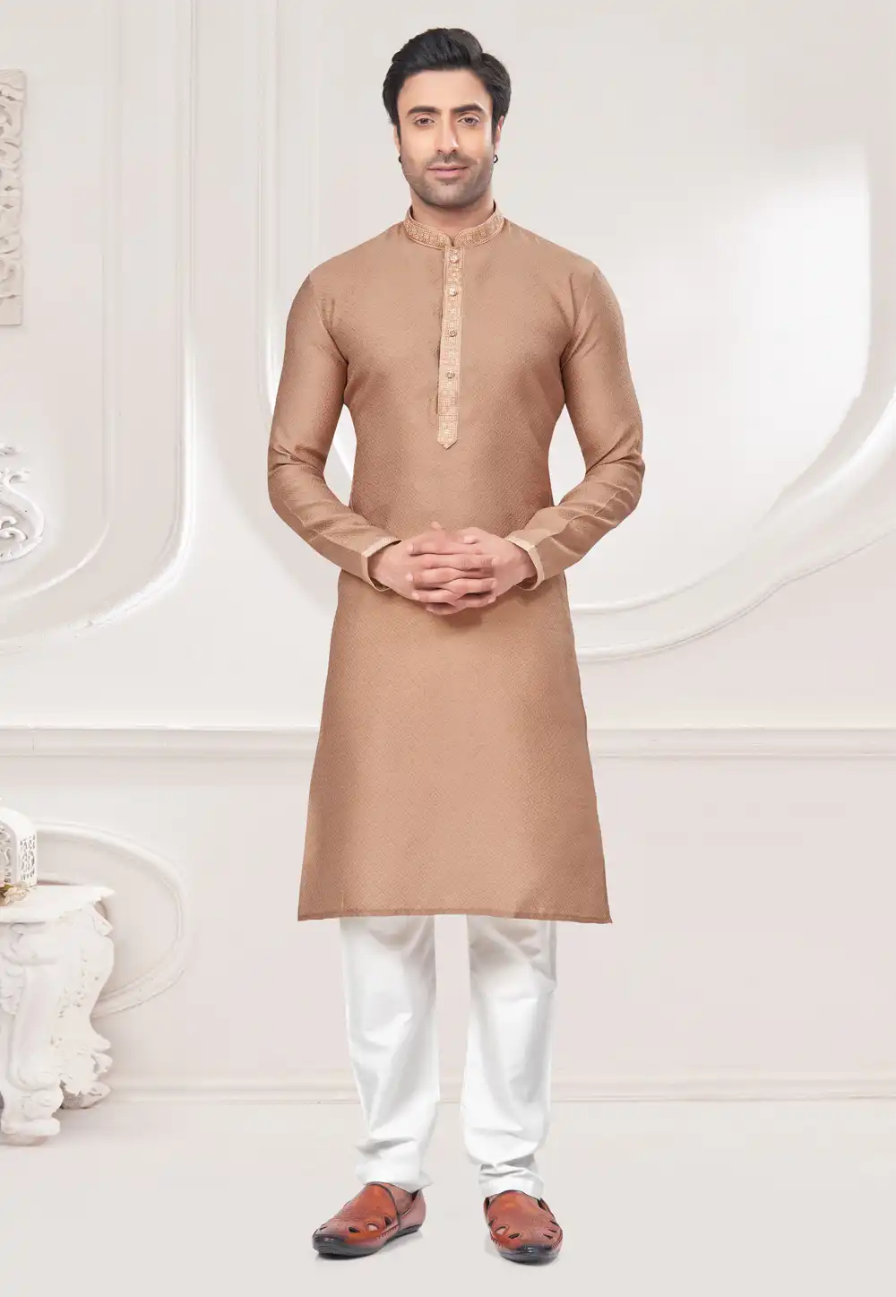 Beige Jacquard Kurta Pajama 293758