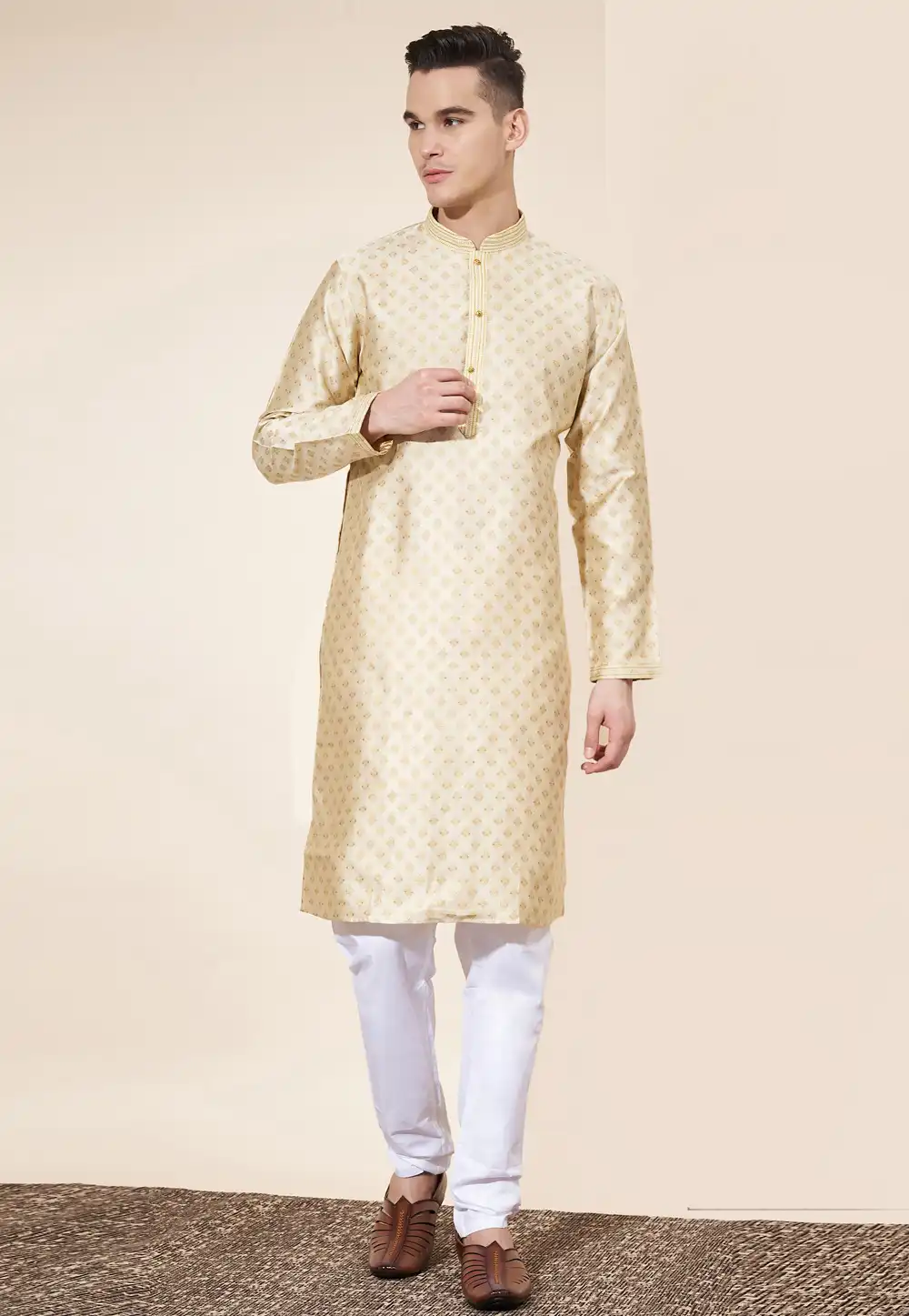 Beige Jacquard Kurta Pajama 287872