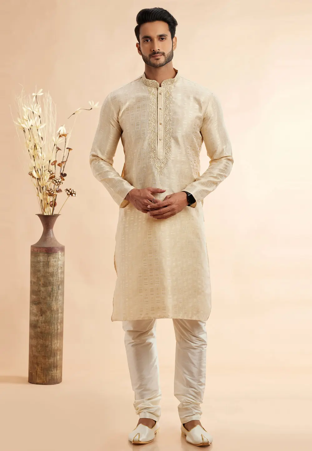 Beige Jacquard Kurta Pajama 297484