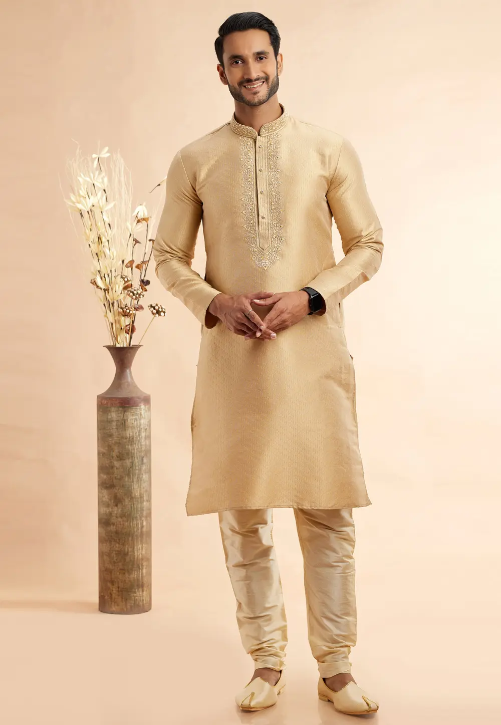 Beige Jacquard Kurta Pajama 297506