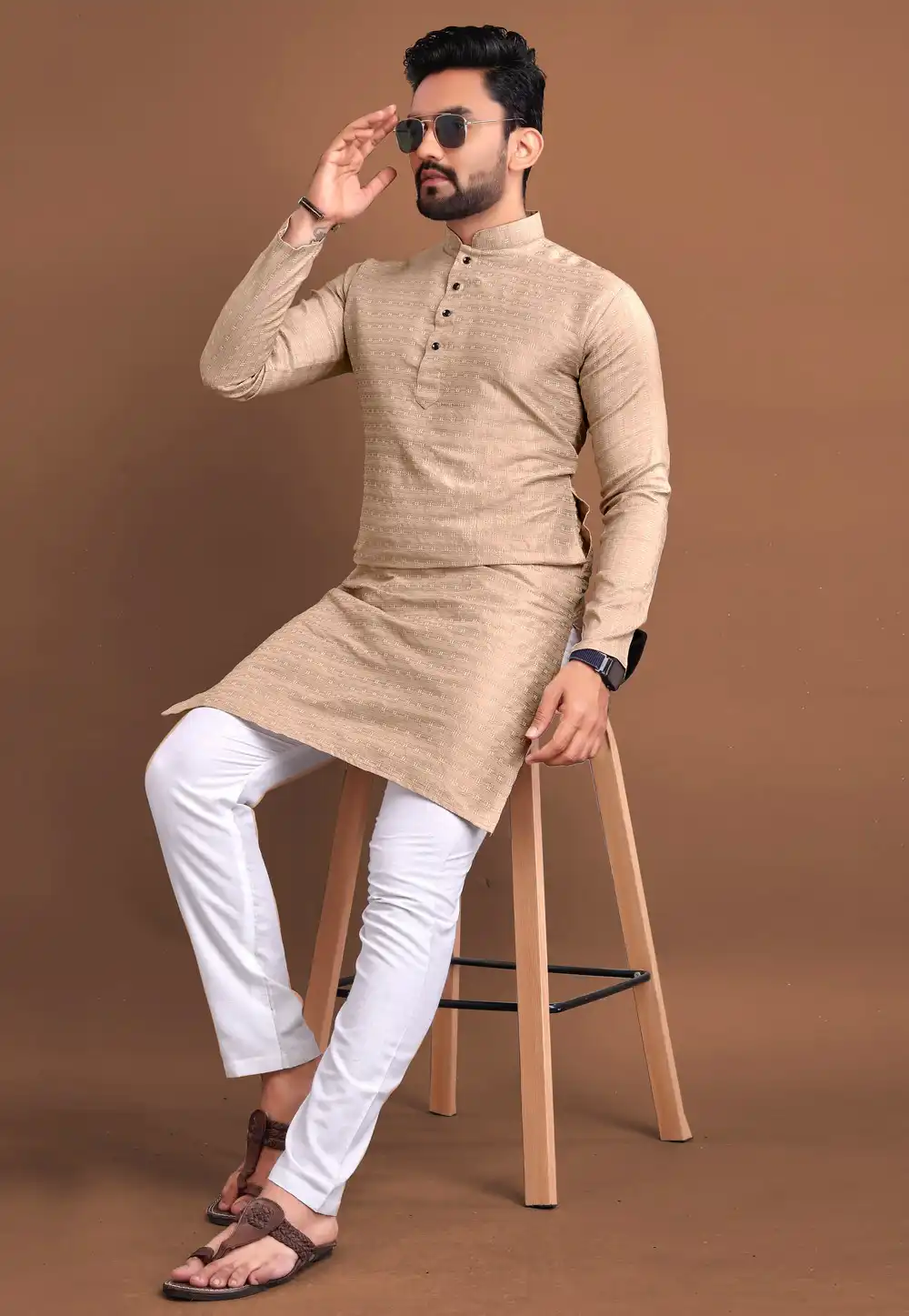 Beige Jacquard Kurta Pajama 293818