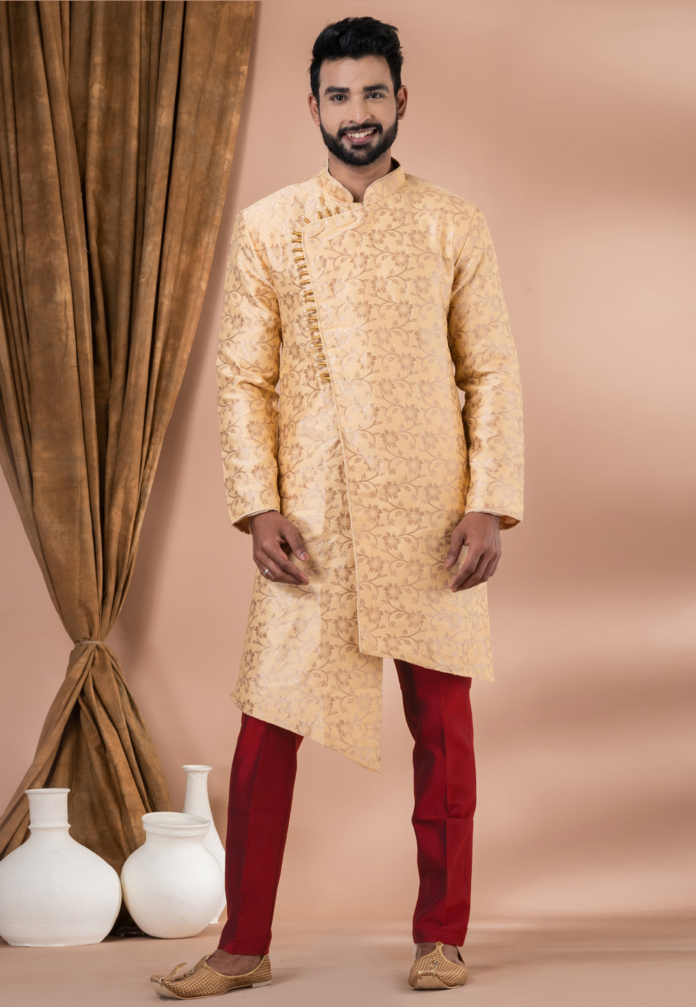 Beige Jacquard Silk Indo Western Suit 283137