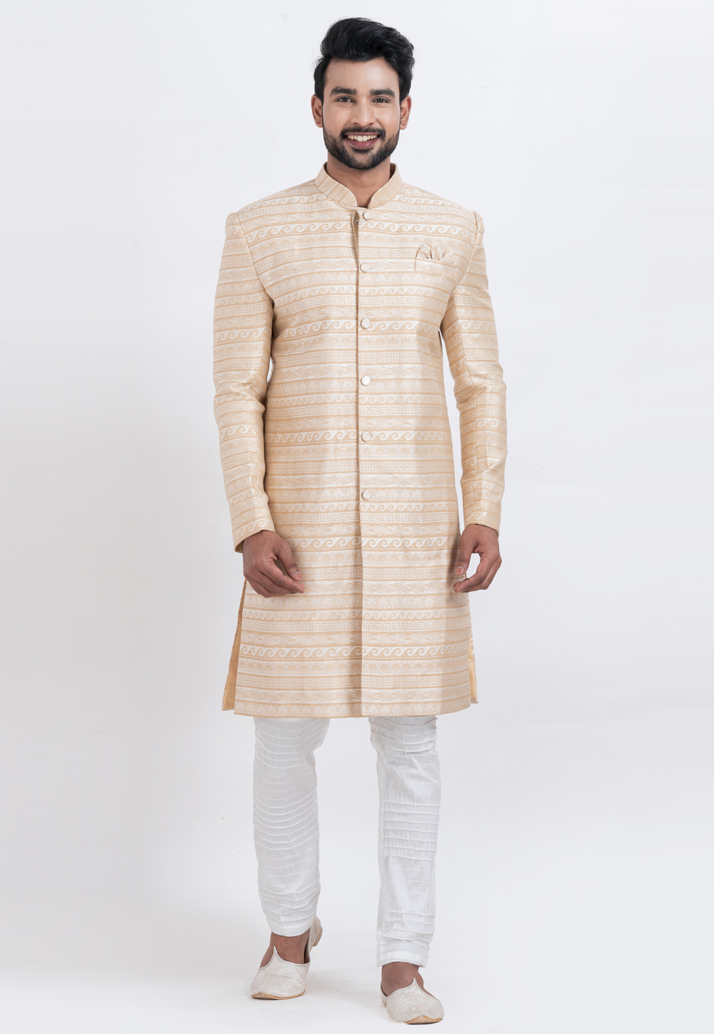 Beige Jacquard Silk Indo Western Suit 310264
