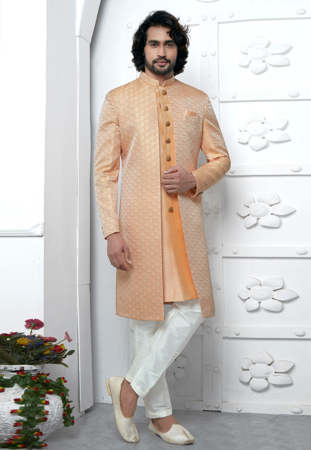 Beige Jacquard Silk Jacket Style Sherwani 280152