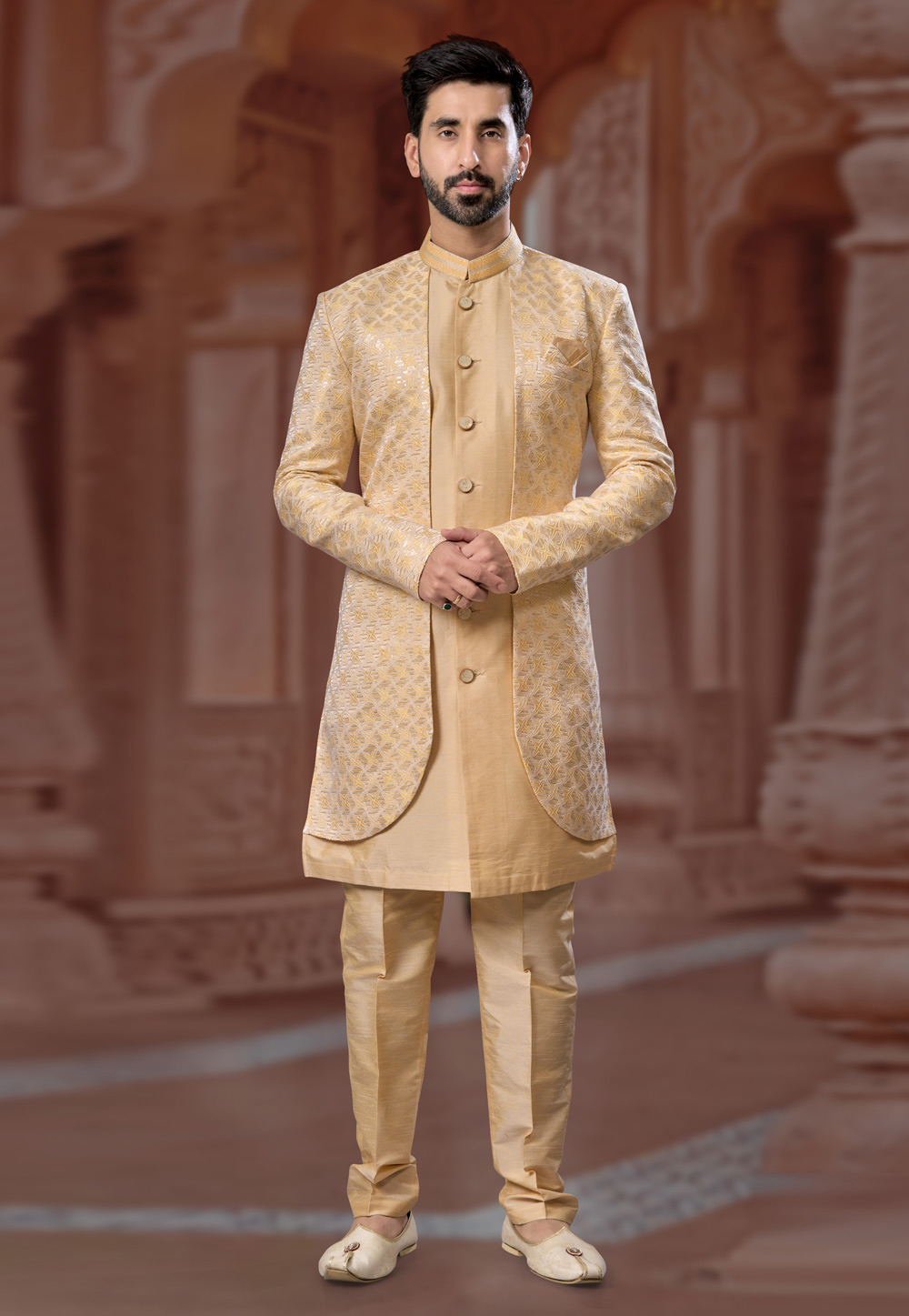 Beige Jacquard Silk Jacket Style Sherwani 282253