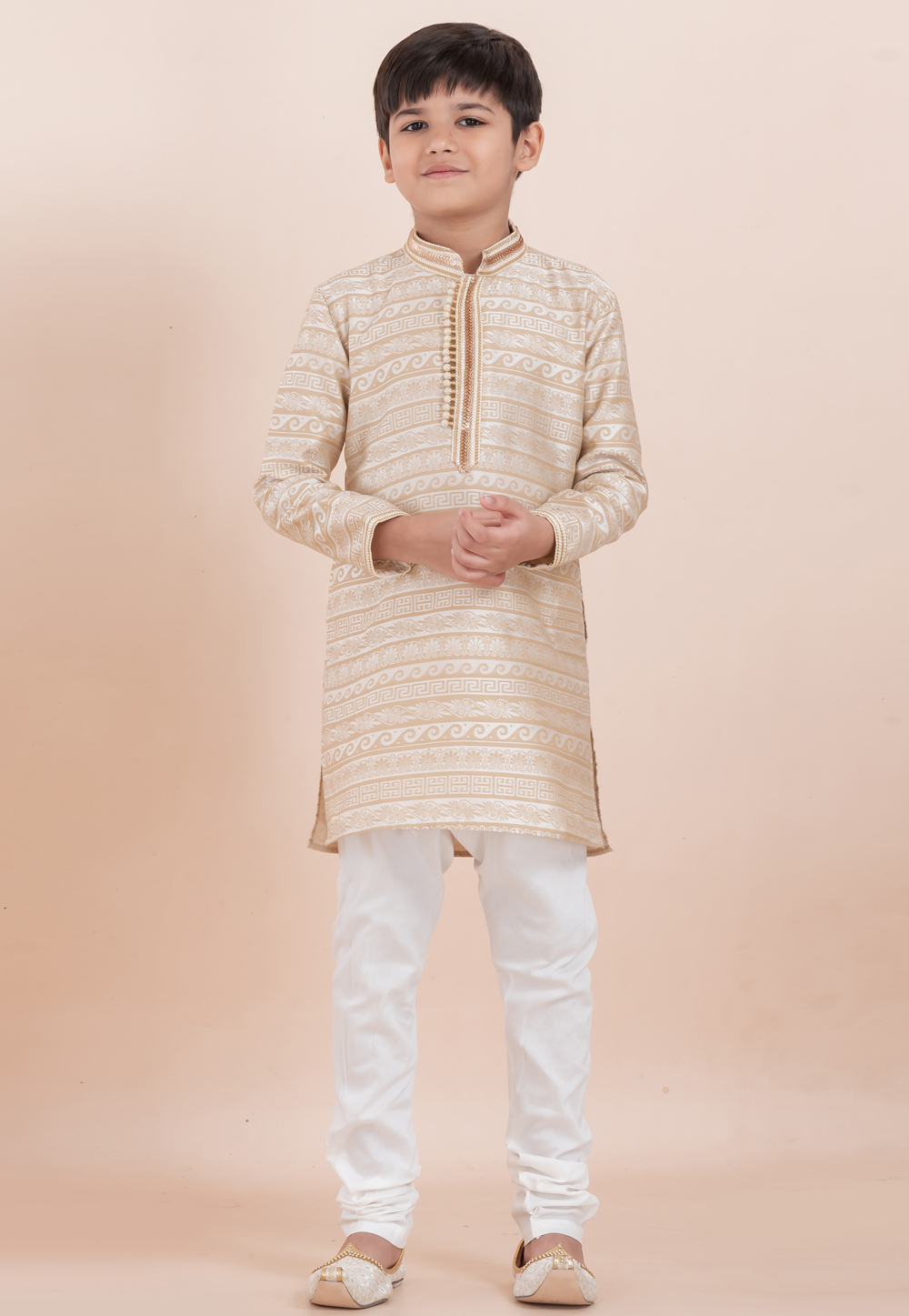 Beige Jacquard Silk Kids Kurta Pajama 305976