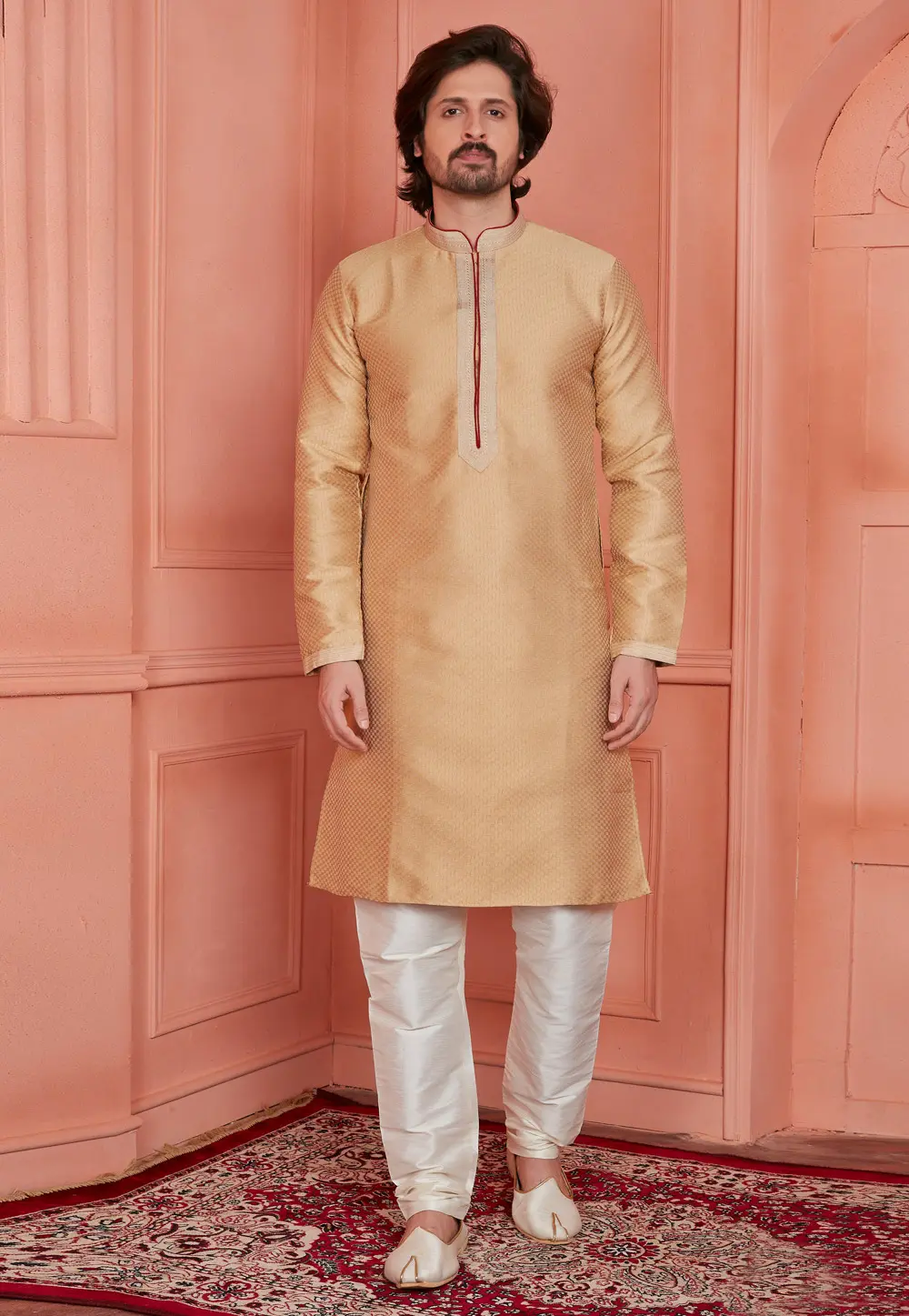 Beige Jacquard Silk Kurta Pajama 304292