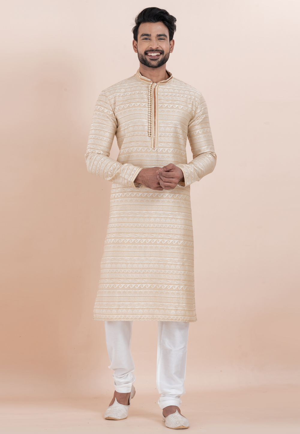 Beige Jacquard Silk Kurta Pajama 306006