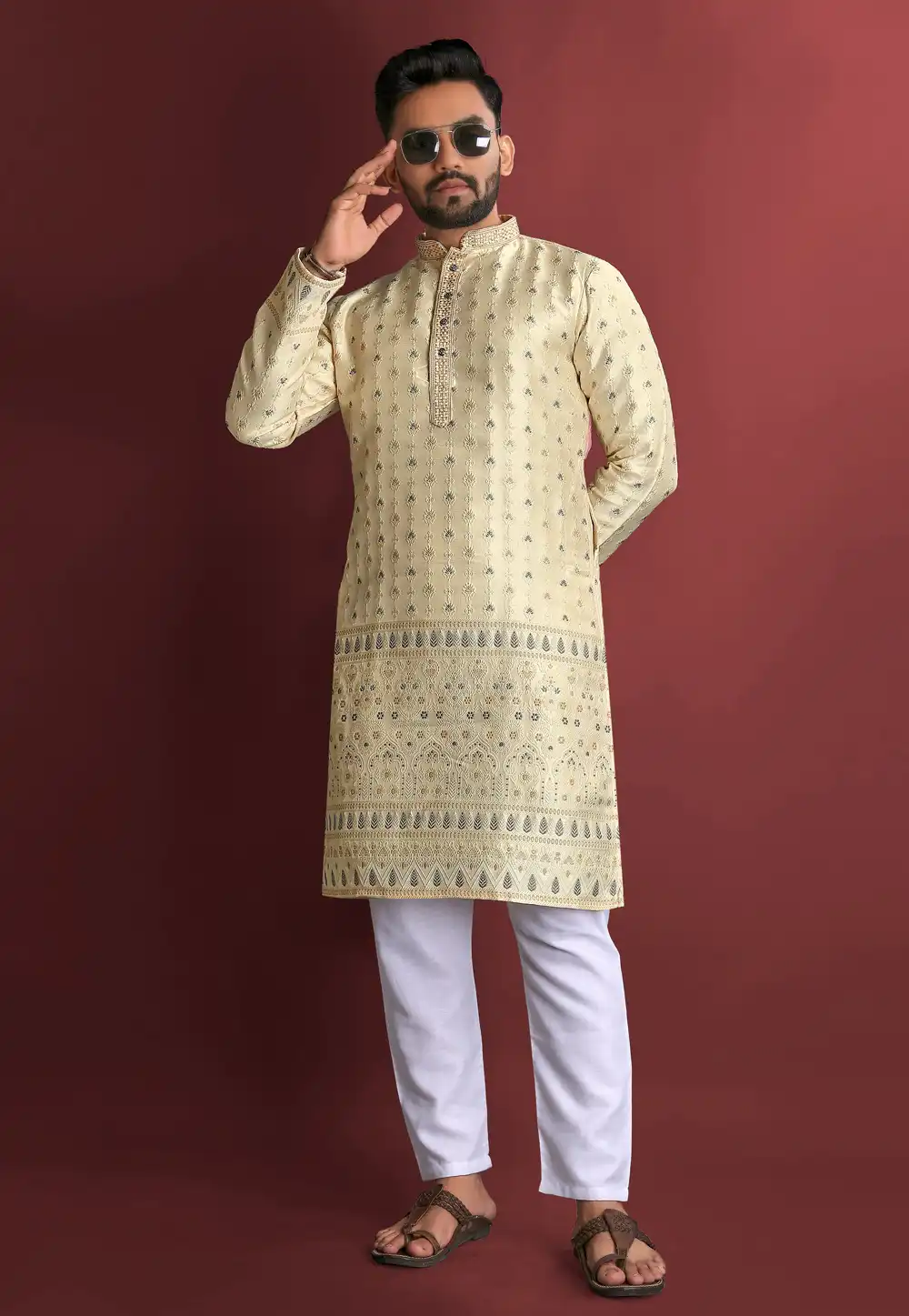 Beige Jacquard Silk Kurta Pajama 293765